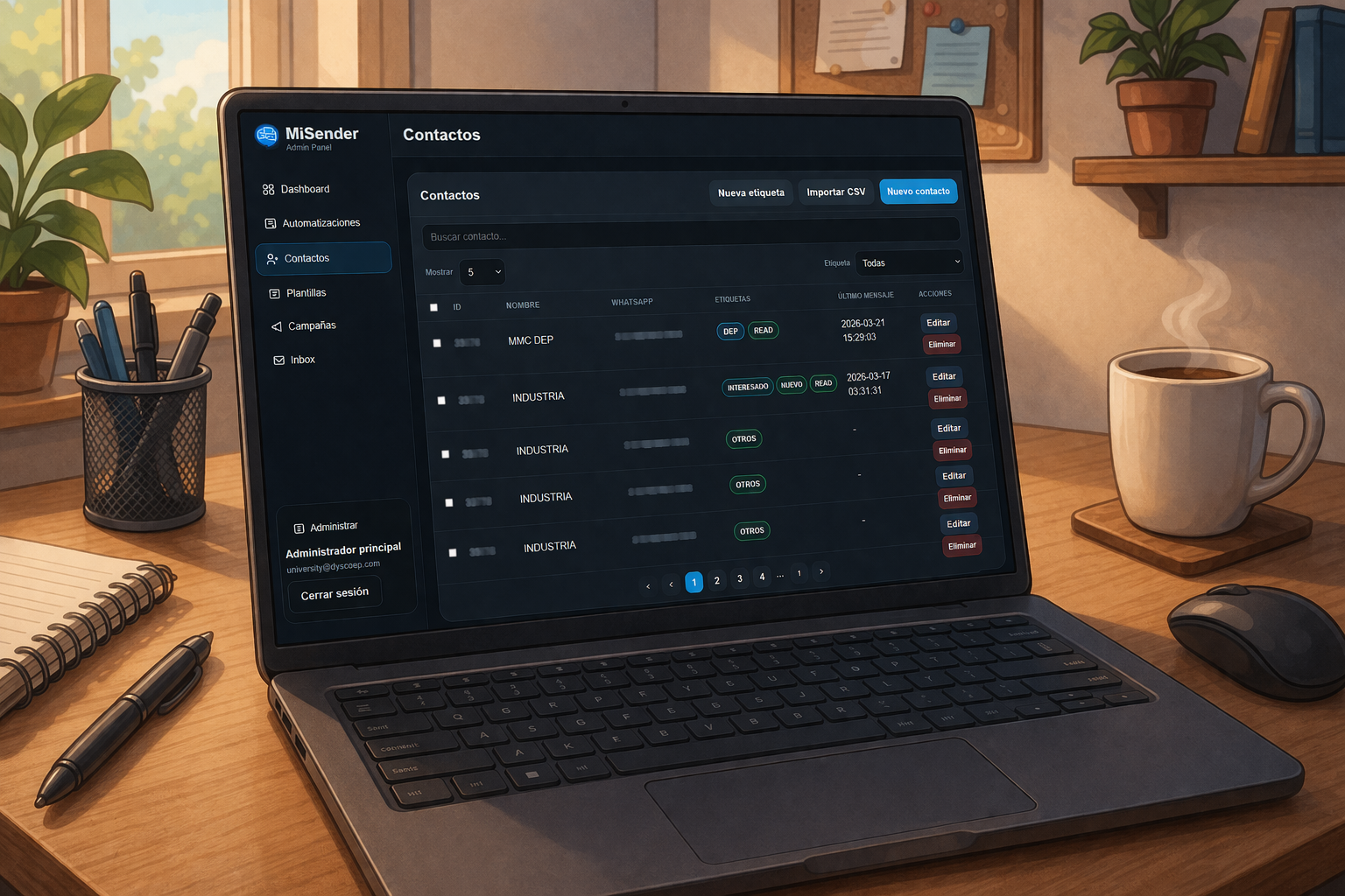 Administración de contactos en MiSender