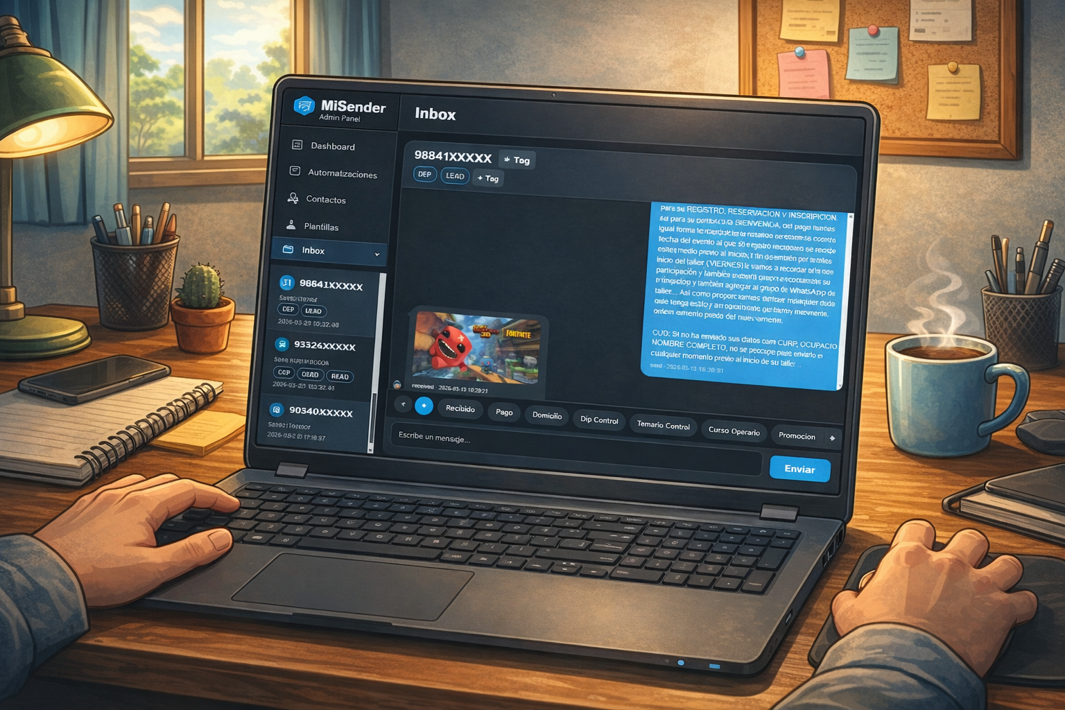 Inbox de MiSender para responder mensajes